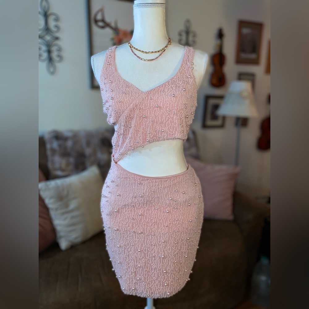 Pink Beaded Pearl Peek-a-boo Dress by Oh Polly!